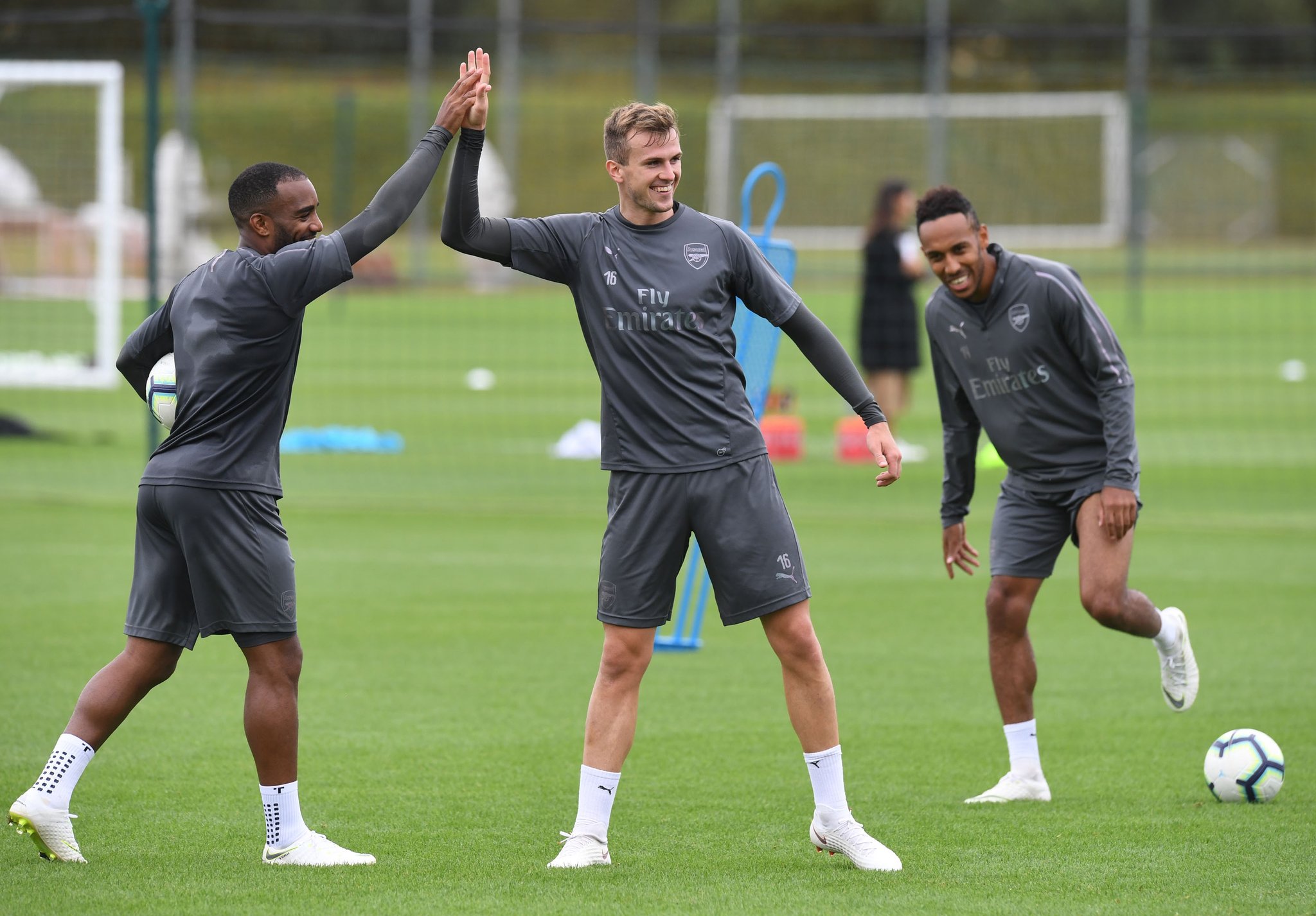 Lacazette, Holding and Aubameyang in Arsenal training