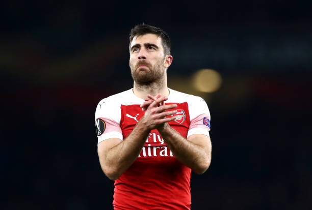 sokratis of arsenal applauds the fans after the uefa europa league picture id1126603566