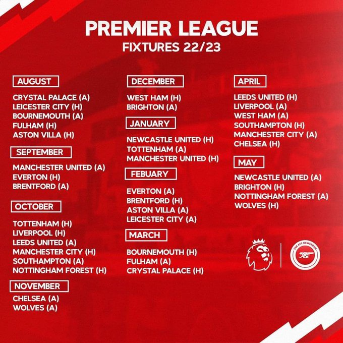 Arsenal 2022-23 Premier League fixtures, schedule released - The Short Fuse